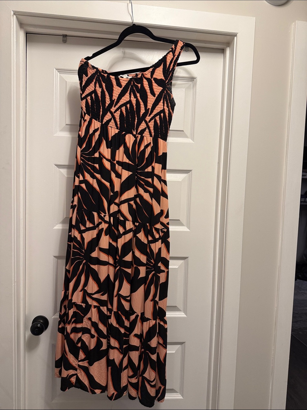 Abel the Label Peach and Black, one shoulder , Tropical Print Maxi Dress - Women